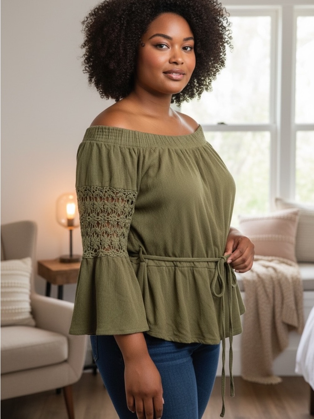 Blush Olive Green Off-Shoulder Peasant Top with Crochet Bell Sleeves
